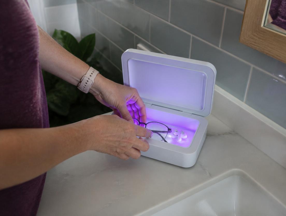 Manos colocando unas gafas y unos auriculares dentro del SmartSanitizer Pro encendido